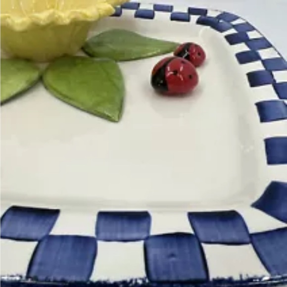 Cali 3D Yellow Sunflower Ladybug Blue White Chip Dip Serving Art Pottery  Signed - Picture 5 of 12